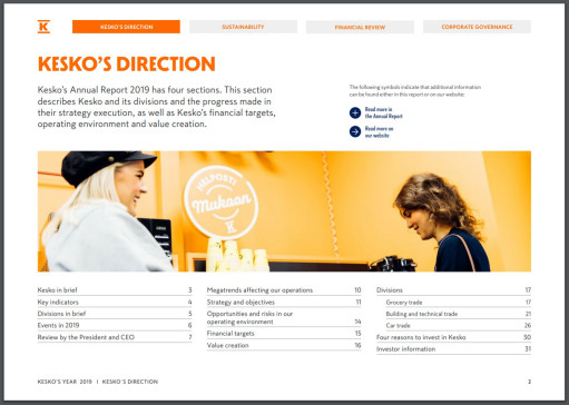 Screenshot of Kesko's Annual Report 2019 - a pdf in landscape format with links