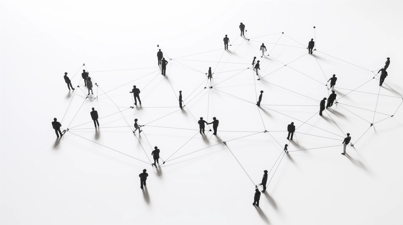 Small figurines of people stand on a white surface, connected by lines representing a network or social connection.