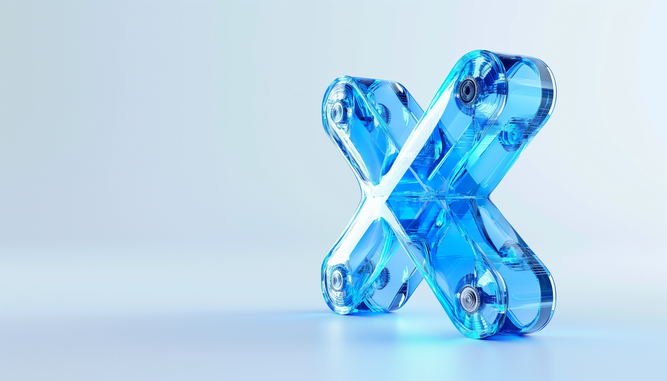 A 3D transparent blue "X" shape with rounded joints, set against a light gradient background.
