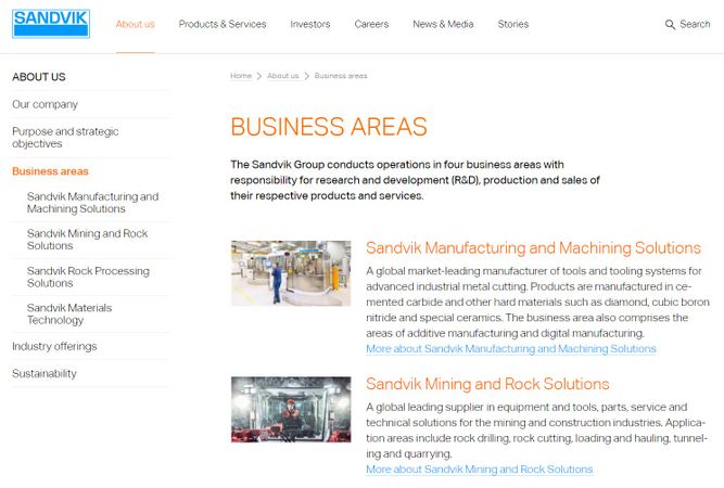 Screenshot of Sandvik's presentation of their business areas