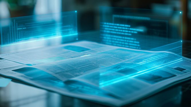 Holographic projections of data and documents emanate from a laptop on a glass table, highlighting advanced digital technology in a modern workspace.