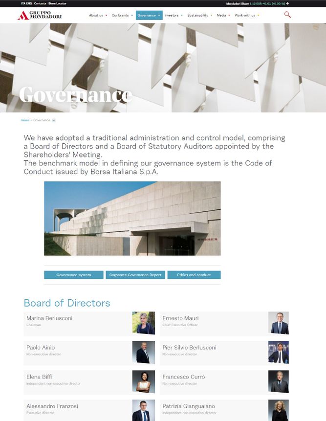 Screenshot of Mondadori's governance section