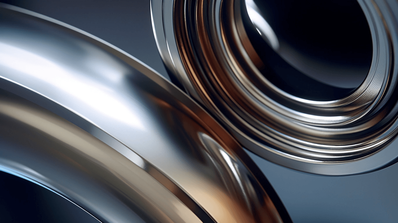 Close-up of two metallic, reflective rings or circular objects with smooth surfaces and a shiny finish.