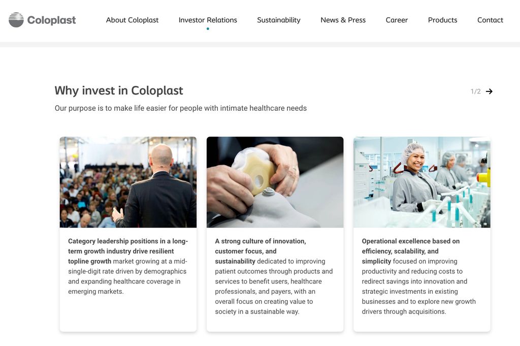 Screen shot of Coloplast's investment proposition.