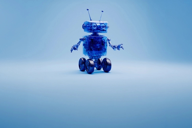 A small blue robot with antennas and wheels stands on a plain blue background.