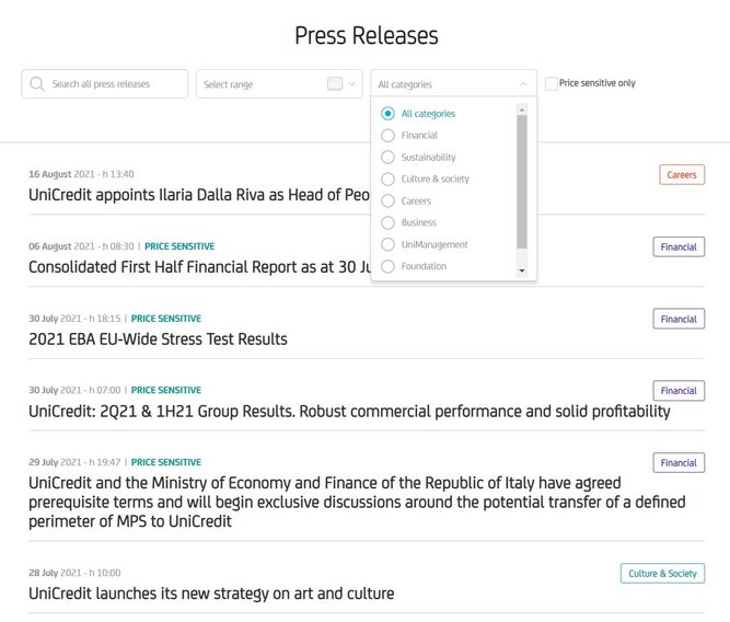 Screenshot from Unicredit's press release archive