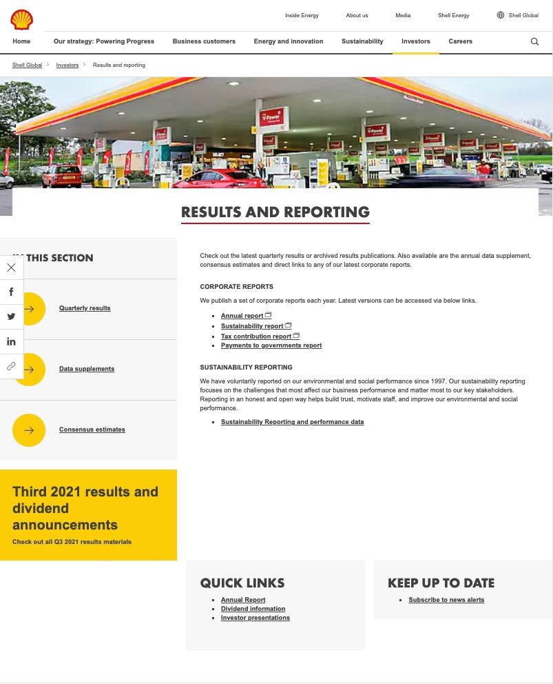 Screenshot of Shell's reporting page