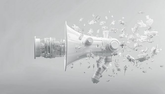 A large, futuristic megaphone-like machine disperses numerous mechanical parts and components against a grey background.