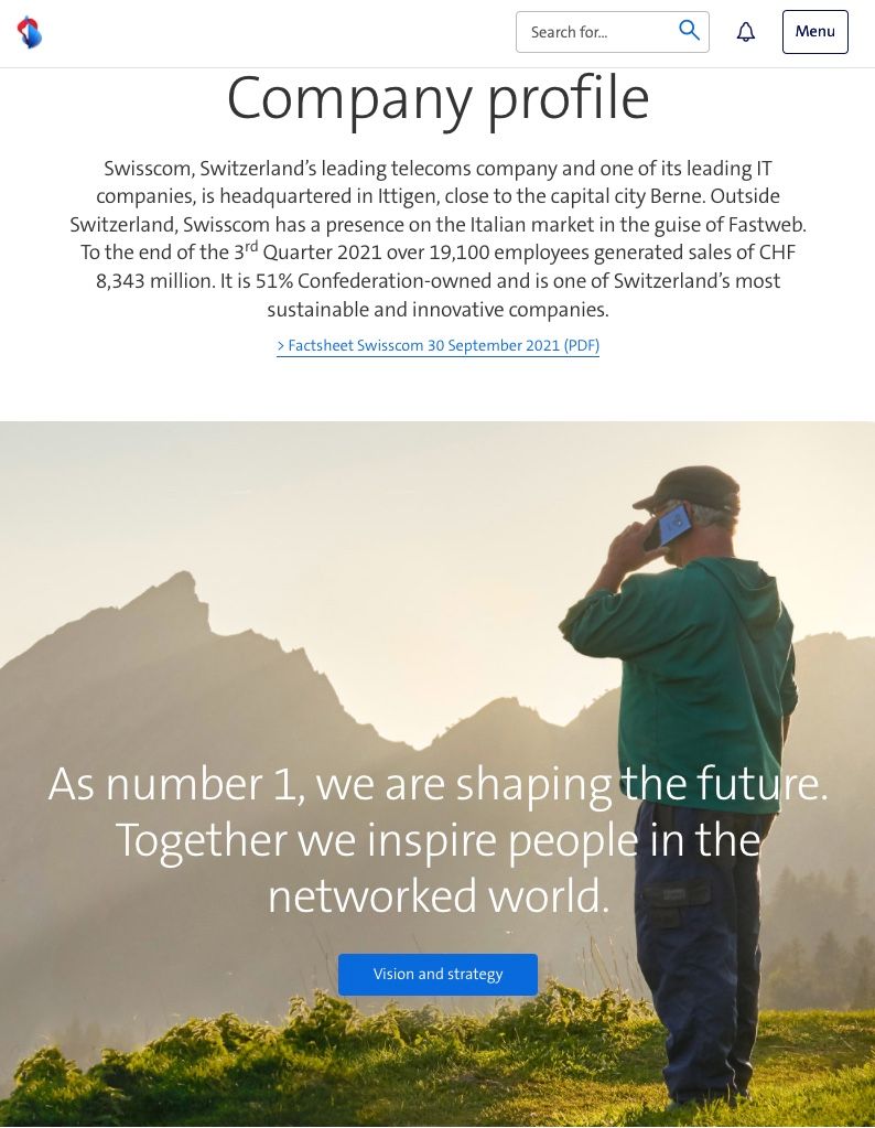 Screenshot of Swisscom's website explaining their company profile