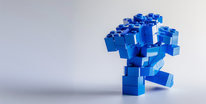 A small figure made of blue interlocking Lego bricks imitating a running pose on a light grey background.