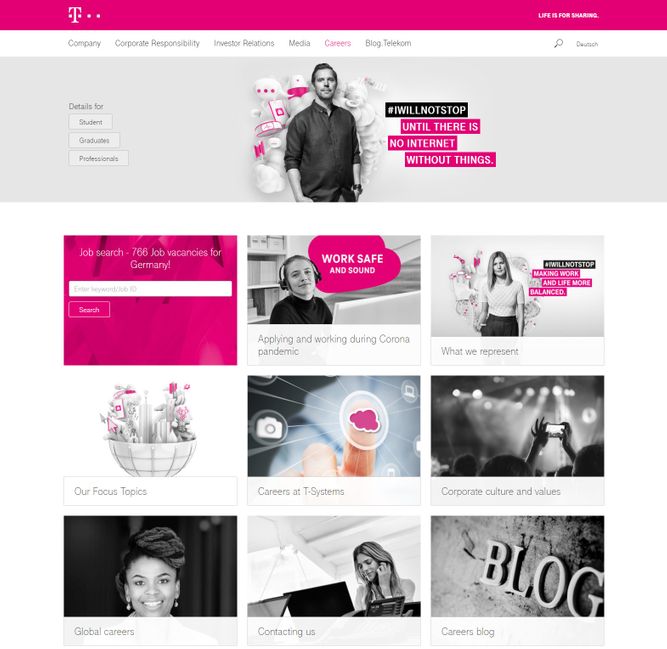Screenshot of Deutsche Telekom's career site