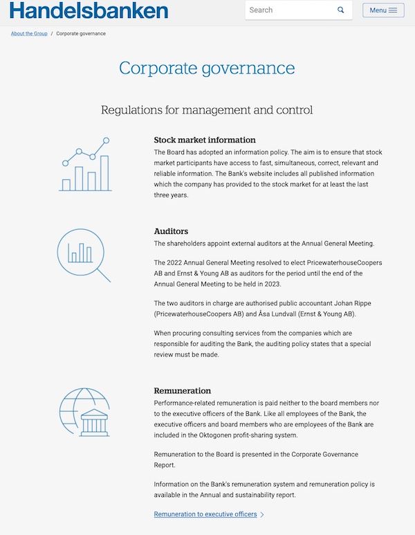 Screenshot of Handelsbanken's governance page.