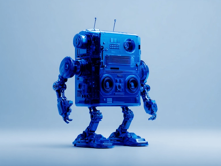 A blue robot with a boxy body, two arms, and two legs stands against a plain light blue background.