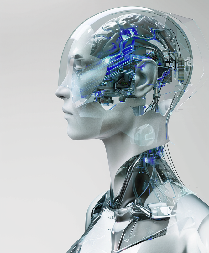Side profile of a humanoid robot with a transparent head, revealing intricate circuitry and mechanical components inside.