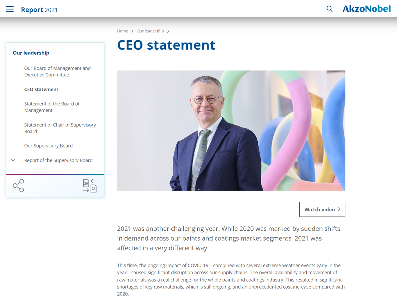 Screenshot from Akzo Nobel's Annual Report 2021 CEO statement