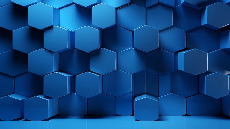 A 3D pattern of blue hexagonal tiles creates an abstract geometric background with varying heights and shadows.