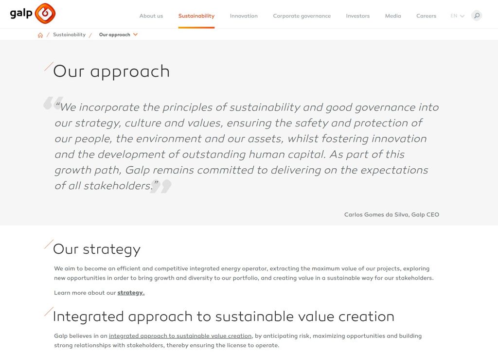Screenshot from Galp's sustainability section