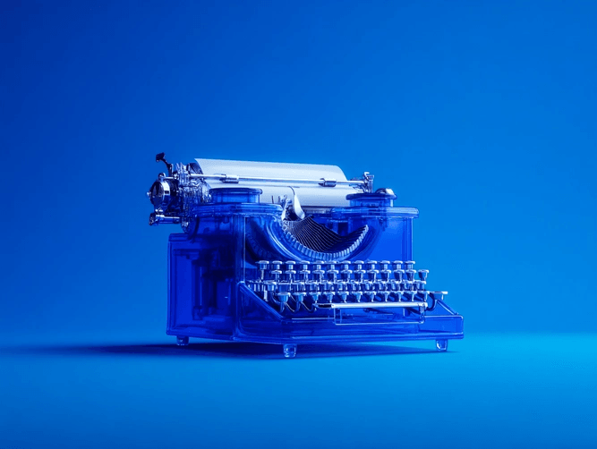 A transparent blue typewriter sits on a solid blue surface against a blue background.