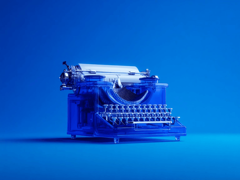 A transparent blue typewriter sits on a solid blue surface against a blue background.
