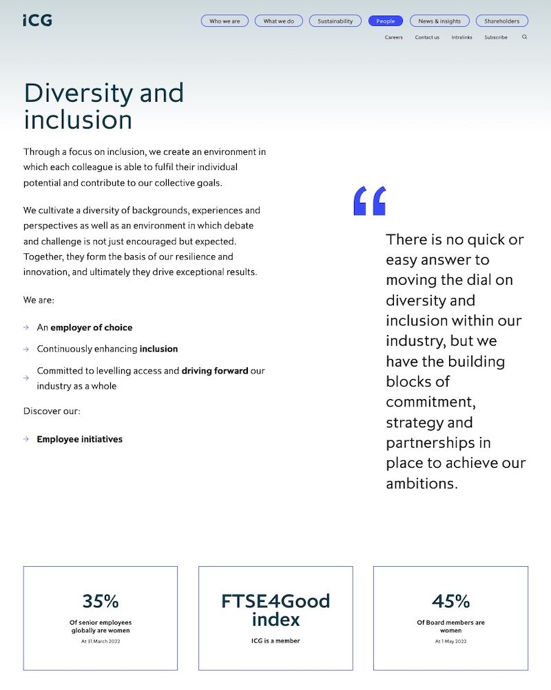 Screenshot of ICG's diversity and inclusion page.