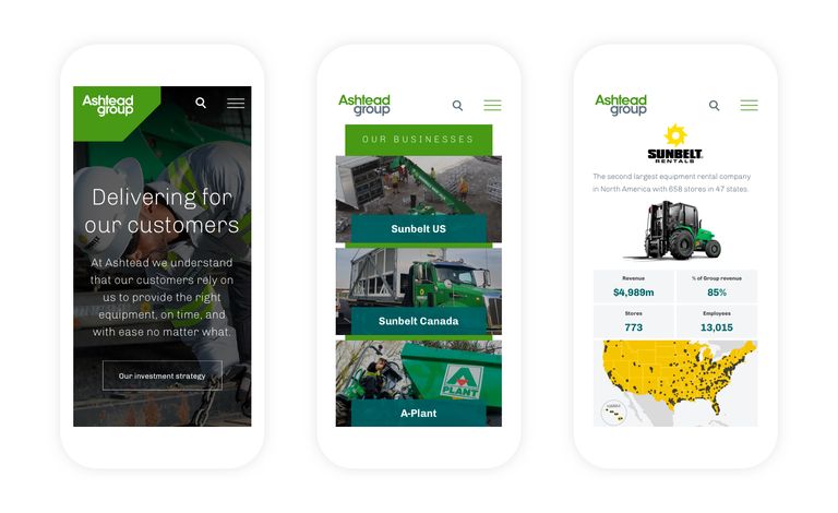 Three smartphone screens displaying Ashtead Group’s website. The screens show their services message, business divisions (Sunbelt US, Sunbelt Canada, A-Plant), and company statistics/map, respectively.