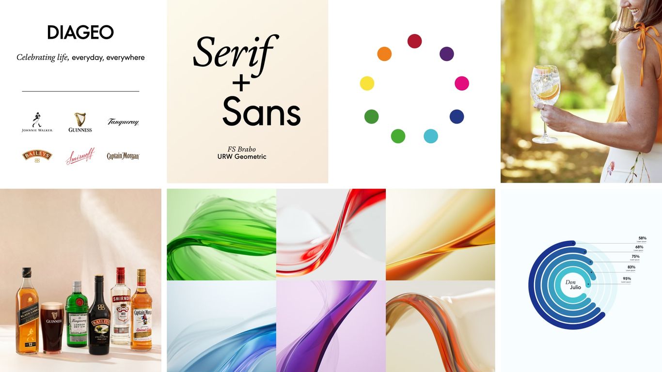 A collage of images including a Diageo logo, font styles, a color wheel, a woman holding a drink, various liquor bottles, abstract colored waves, and a circular data chart.