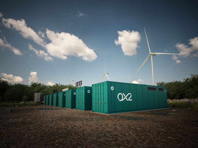 Wind turbines and energy storage in an OX2 energy park.