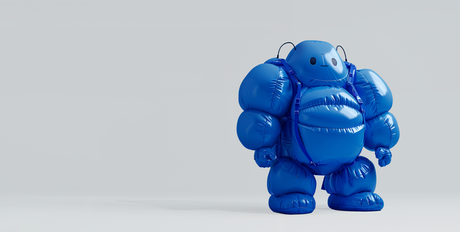 A blue, inflated bear-shaped figure stands against a plain, light grey background. The figure has a shiny, puffy texture.