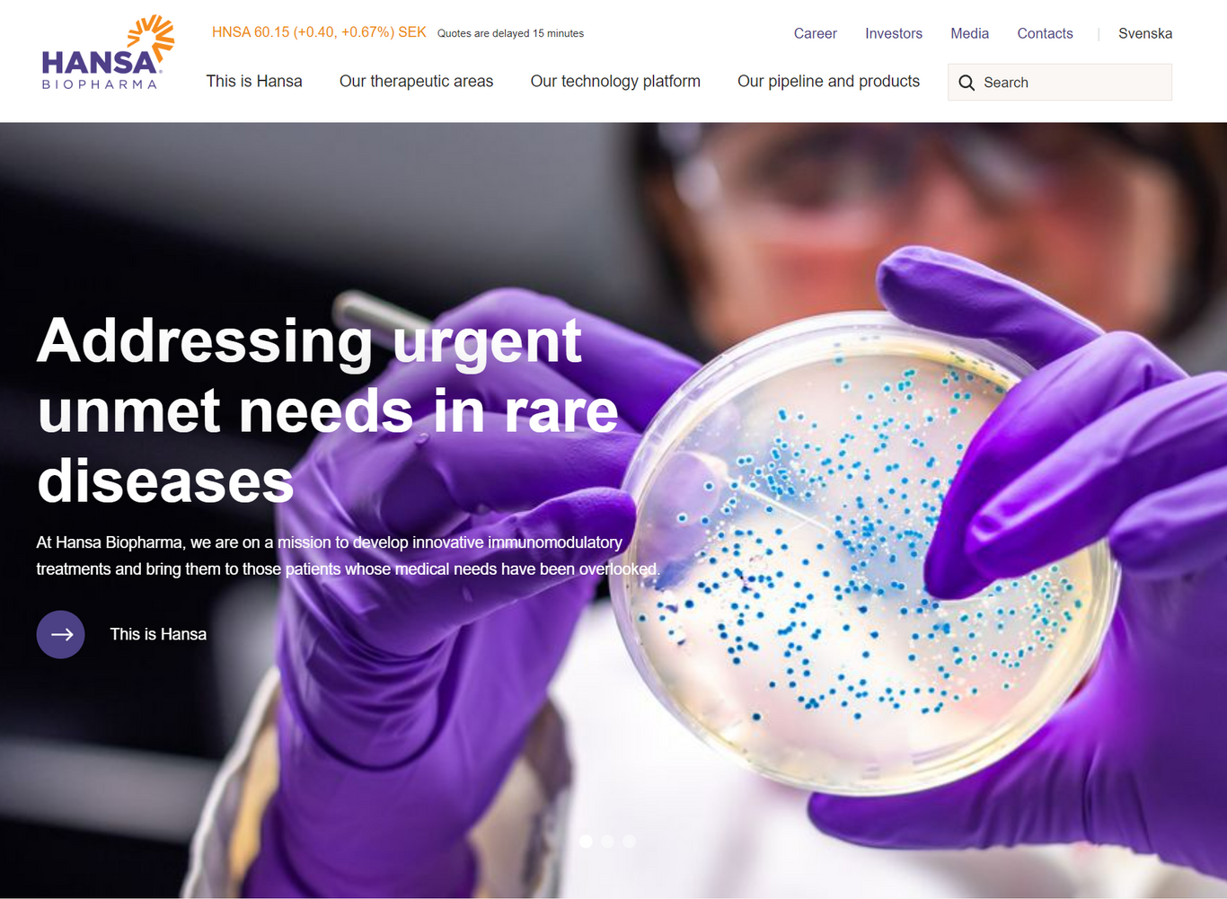 Screenshot of Hansa Biopharma's homepage