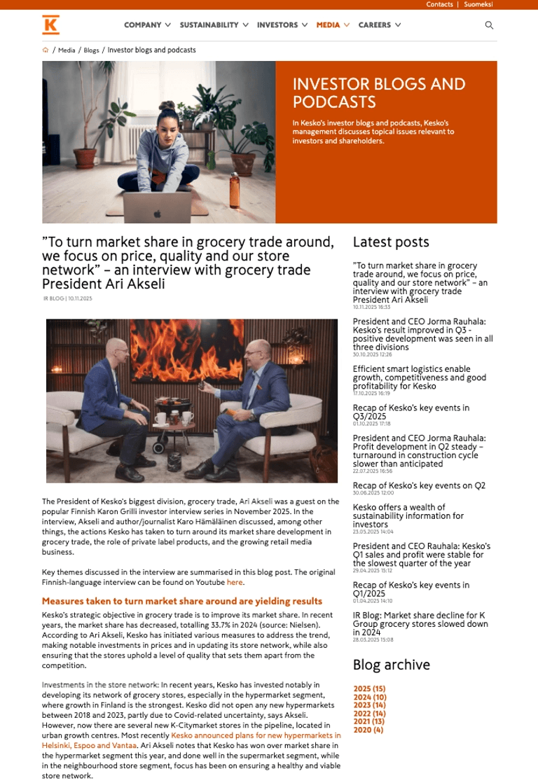 Screenshot of Kesko's website.