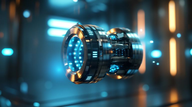 A futuristic metallic device with illuminated blue elements, floating in a high-tech corridor with glowing panels.