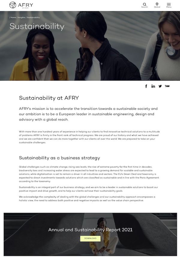 Screenshot of AFRY's sustainability strategy.