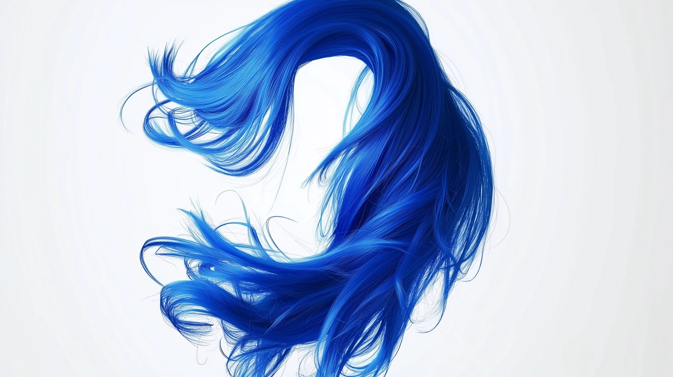 Strands of vibrant blue hair swirl in the air against a plain white background.