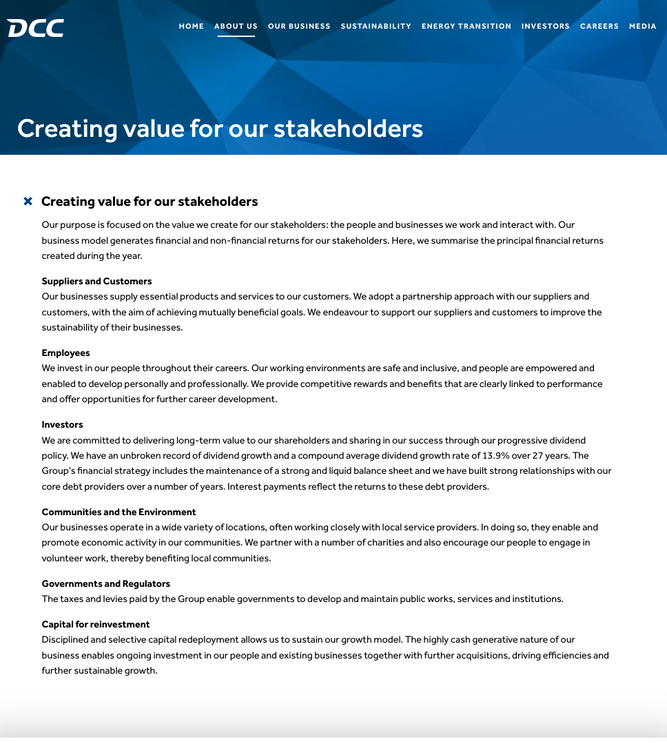 Screenshot of DCC's explanation of their value creation.