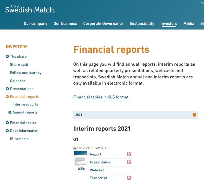 Screenshot of Swedish Match's financial report archive