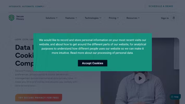 A website pop-up notice about cookies asking users to accept the storing and recording of personal data for analytical purposes, including a button labeled "Accept Cookies.
