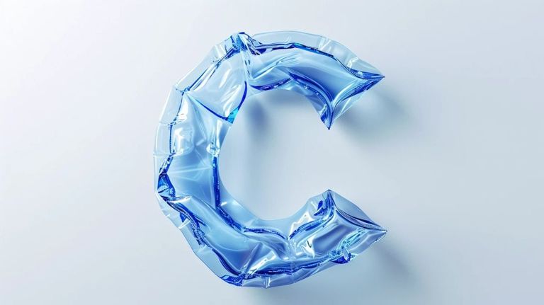 A crumpled blue transparent material forms the shape of the letter "C" against a plain white background.