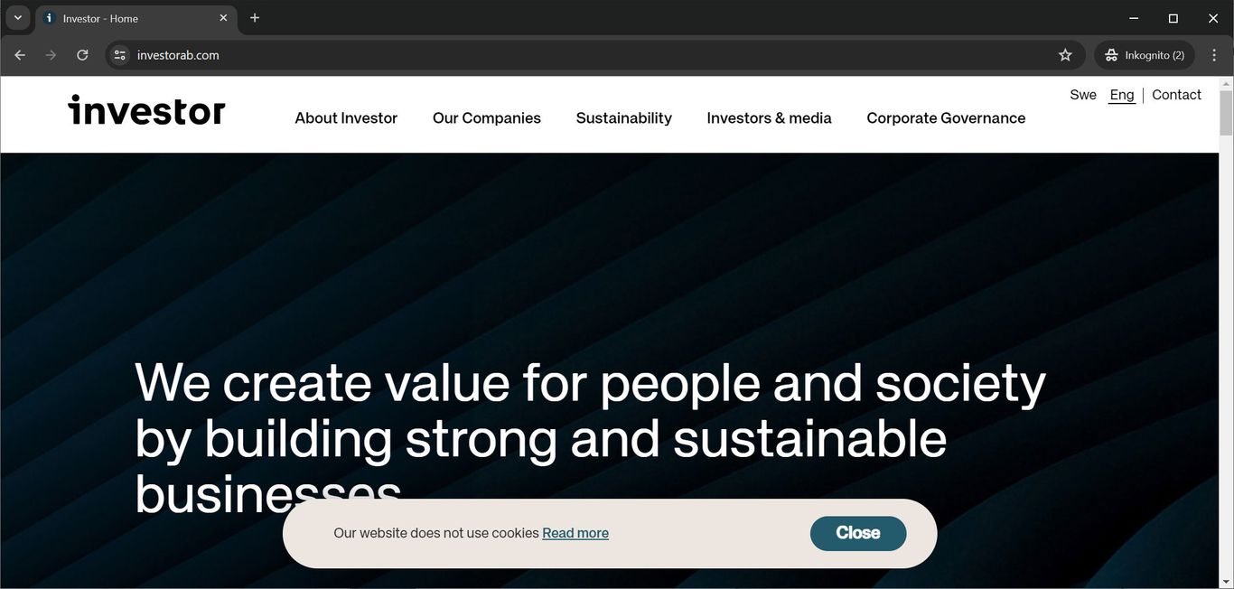 Investor AB website with cookie banner