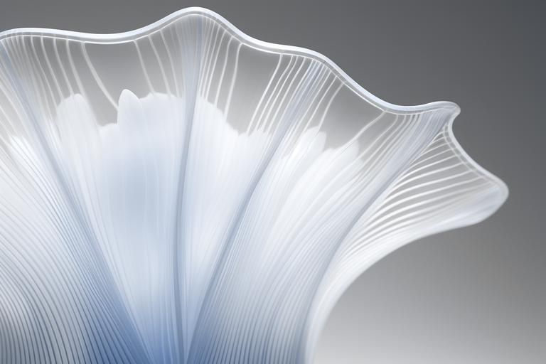 Close-up of an intricate translucent white glass sculpture with wavy, ribbed edges and smooth gradients, resembling a delicate flower petal or leaf.